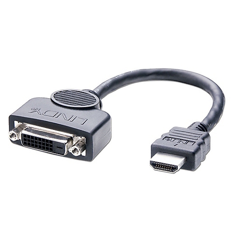 Schwarzes DVI-zu-HDMI-Kabel. Auf einem Ende DVI-Anschluss, auf dem anderen HDMI. Marke: LINDY.