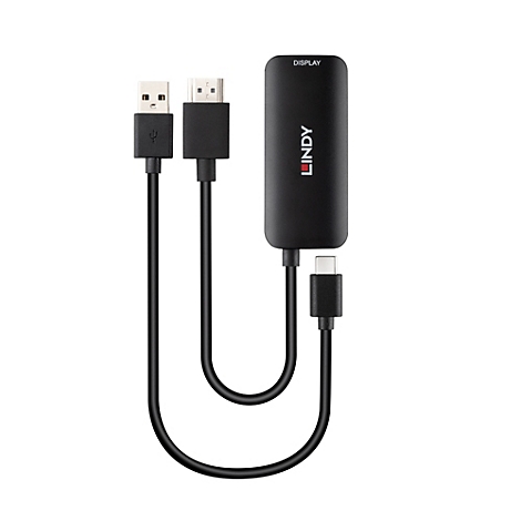 Schwarzer Lindy-Adapter mit USB-, HDMI- und USB-C-Anschlüssen. Kabel sind schwarz, Adapter hat "LINDY"-Logo.