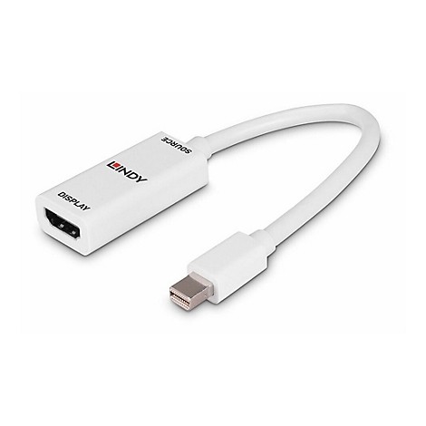 Ein weißes LINDY DisplayPort-zu-Mini-DisplayPort-Kabel. Auf dem Stecker steht "DISPLAY" und "SOURCE".