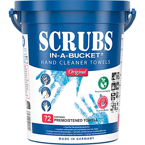Seau de lingettes nettoyantes. Inscription : SCRUBS, IN-A-BUCKET, Hand Cleaner Towels. Contient 72 lingettes pré-imprégnées.