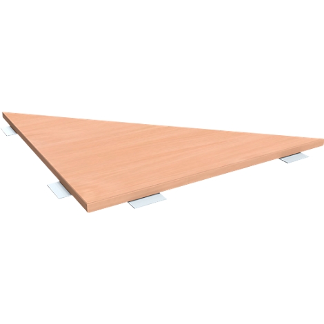 Triangular, wood-colored table top with metal brackets.