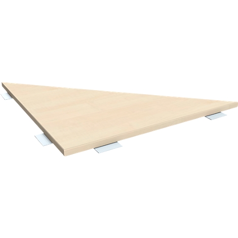 A triangular, light brown table with metal brackets, floating on a white background.