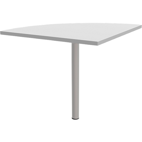 A white semi-circular table with a grey, cylindrical column and round foot, isolated on a white background.