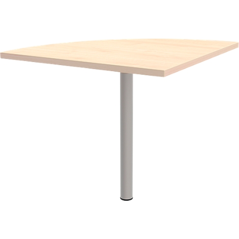 A semi-circular tabletop in wood look is supported by a silver column base, against a white background.