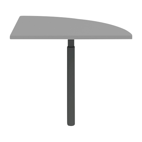 Grey table with a semi-circular top, on a dark stand.