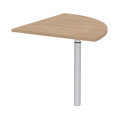 Semicircular wooden tabletop with white stand.