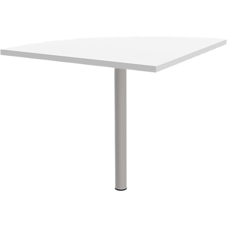 A white, triangular table on a silver stand against a white background.