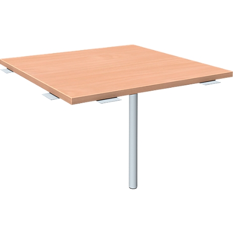 A square wooden table supported by a single white leg. White metal brackets are attached under the tabletop.