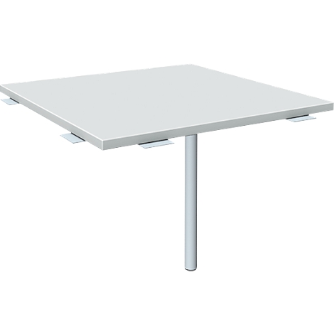 A white square table supported by a single, centrally placed leg.