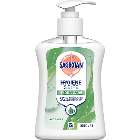 White Sagrotan hygiene soap, aloe vera, with dispenser. Inscription: 92% natural origin.