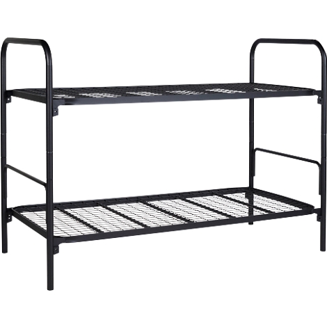 Lit superposé en métal noir à deux niveaux. Chaque niveau a un cadre rectangulaire avec un treillis métallique attaché.