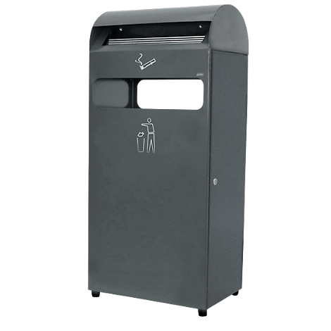 Grey, rectangular trash can with cigarette and trash symbols.