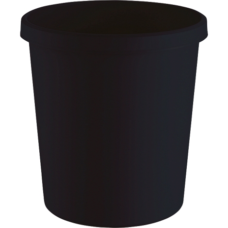 Black trash can. The cylindrical container has a narrow rim and stands against a white background.