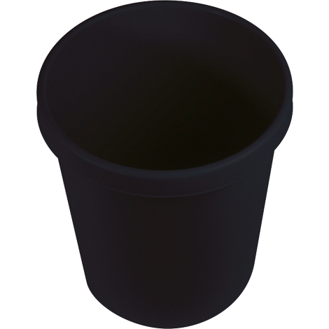 Black trash can, viewed from above. Dark inside, smooth outside.