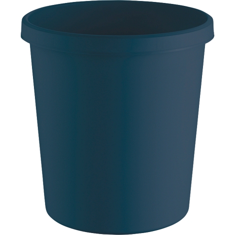 A dark blue trash can with rounded edges against a white background.