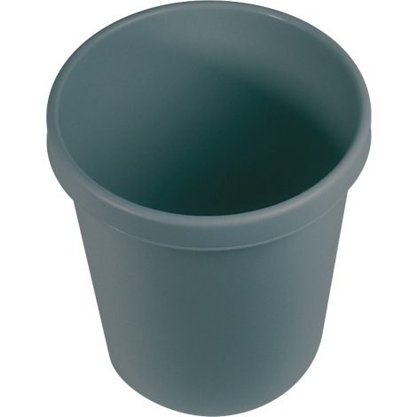 A gray plastic trash can, photographed slightly from above.