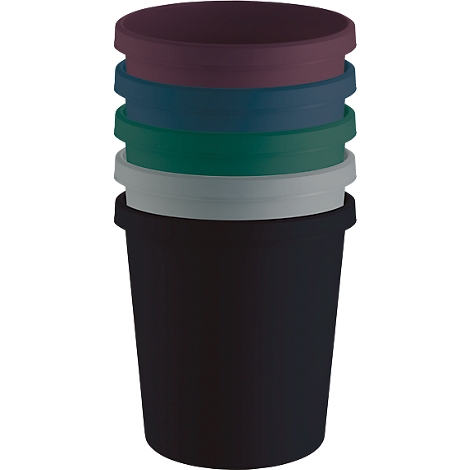 A stack of five buckets of different colors, ranging from black to dark red.