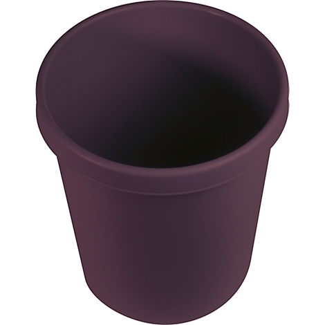 Dark purple trash can, empty, photographed from above.