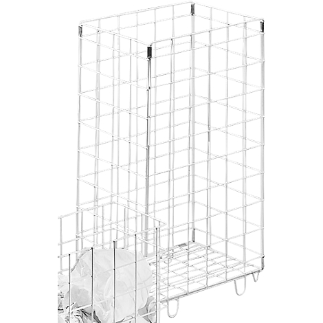 White metal trash bag stand, consisting of a high and a lower compartment.