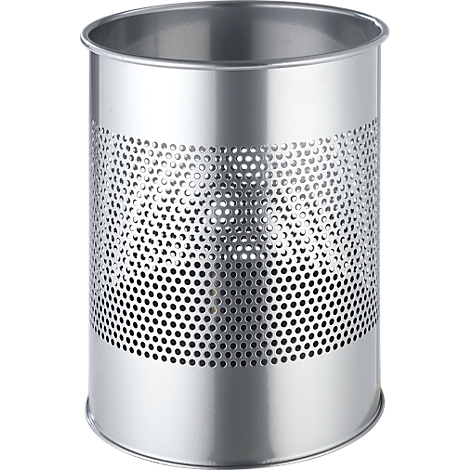Silver trash can with a perforated pattern, cylindrical shape. Smooth top and bottom, many small holes in between.
