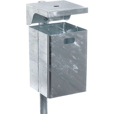 Metal trash can, square shape with lid and handle. For mounting on a pole.