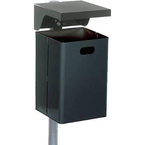 Dark gray trash can on a pole with a raised lid. A handle is cut out on the side.
