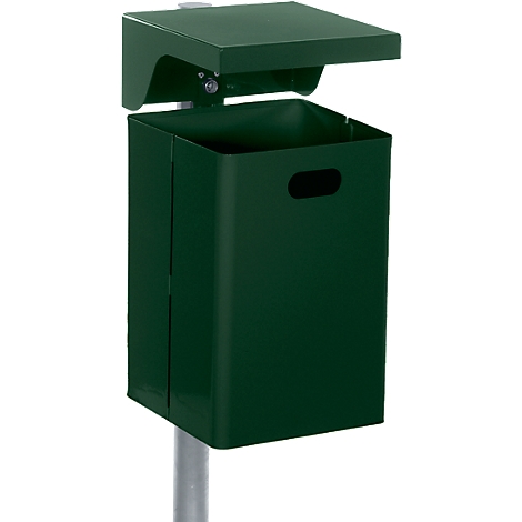 Green trash bin with opening lid, mounted on a metal pole.