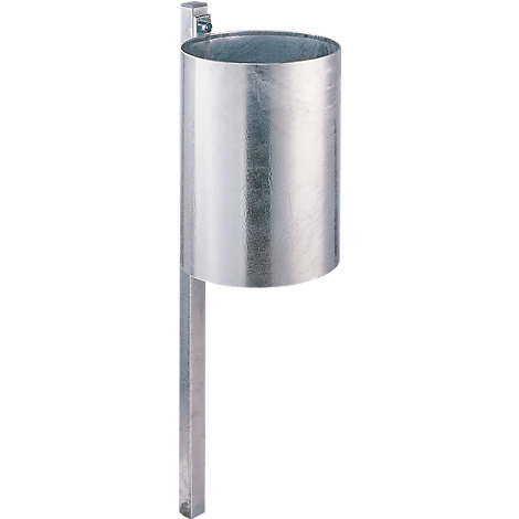 Metal waste bin. Cylindrical body on a square post.