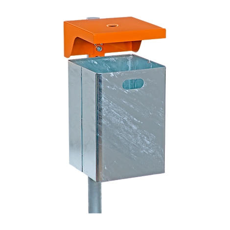 Gray trash can with orange lid and bracket, against a white background.