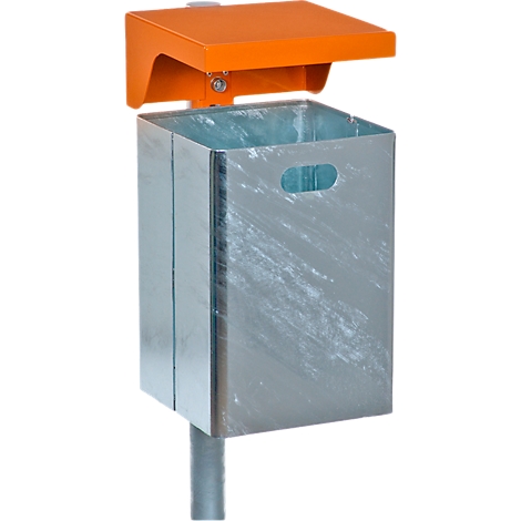 Gray metal trash can with orange roof, attached to a gray pole.