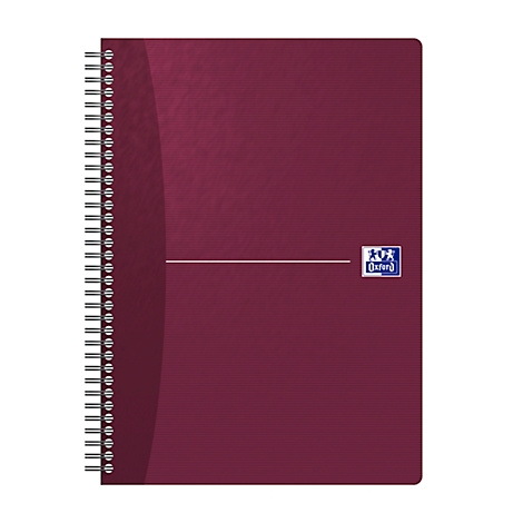 Cahier à spirales bordeaux avec logo Oxford. Spirale à gauche. Des lignes horizontales ornent le devant.