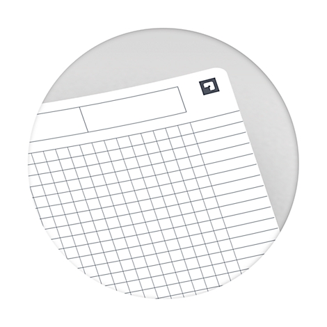 Bloc-notes à motifs à carreaux, fond gris, forme arrondie. Coin supérieur avec carré et flèche.
