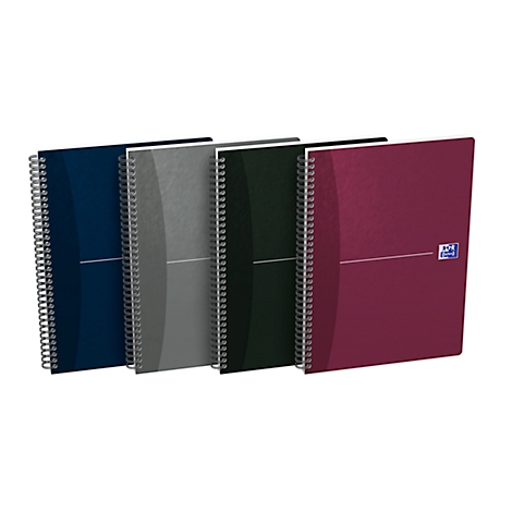 Quatre blocs-notes à spirale bleus, gris, noirs et bordeaux, avec une ligne horizontale et un petit logo.