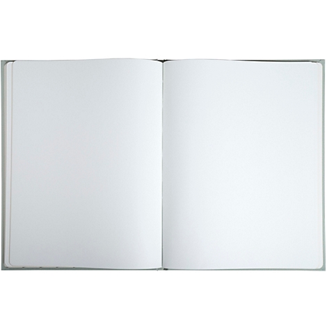 Carnet ouvert avec des pages blanches et vierges. Le dos est gris.