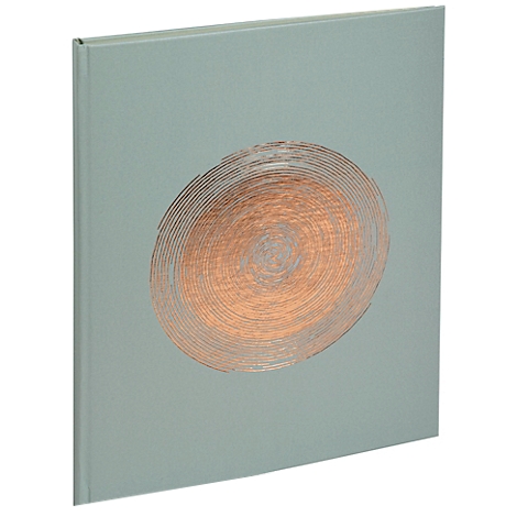 Un livre bleu clair, dont la couverture présente un motif en spirale en cuivre et argent.