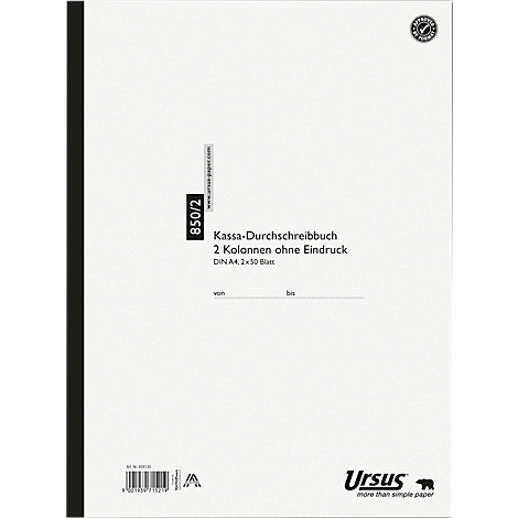 Un livre de duplicata de reçu blanc avec une bordure noire. Texte : livre de duplicata de reçu, 2 colonnes sans impression, Ursus.