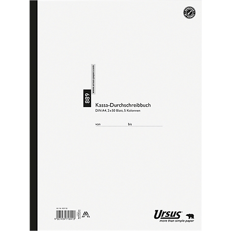 Un livre de caisse blanc avec une reliure noire et le texte: Kassa-Durchschreibbuch. Logo Ursus en bas à droite.