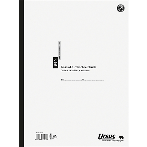 Un cahier de caisse blanc avec une reliure noire. Texte : Cahier de caisse, DIN A4, 2x50 feuilles, 4 colonnes. Marque : Ursus.