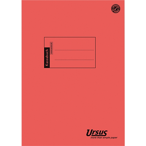 Cahier de caisse rouge avec une case noire pour le nom et un logo.