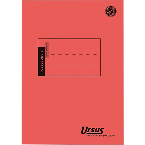 Cahier de caisse rouge avec encadré noir et logo Ursus. Le texte est "Kassabuch".
