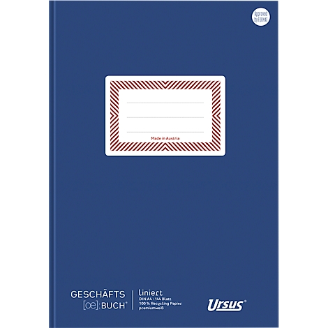 Carnet bleu avec cadre rouge et lettrage. Comprend le logo Ursus et le texte : Carnet de notes, ligné, 100 % papier recyclé.