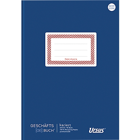 Cahier quadrillé bleu avec un cadre rouge et une étiquette blanche. L'étiquette indique "Made in Austria". En dessous, il est écrit "GESCHÄFTS [oe]BUCH".