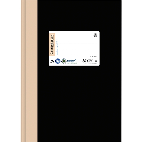 Cahier professionnel noir avec une étiquette blanche, bordure marron. L'étiquette indique 'Geschäftsbuch' et présente des logos de marque.