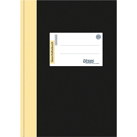 Un cahier de commerce noir avec une couverture jaune et un champ d'adresse blanc, avec le mot "Ursus" imprimé dessus.