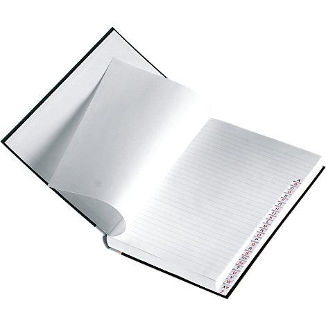 Cahier ouvert avec une couverture noire. Une page est tournée, les lignes sont clairement visibles.