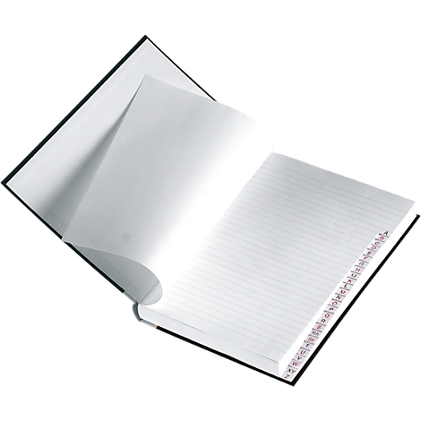 Un carnet ouvert avec une couverture noire, des pages ouvertes qui invitent à écrire.