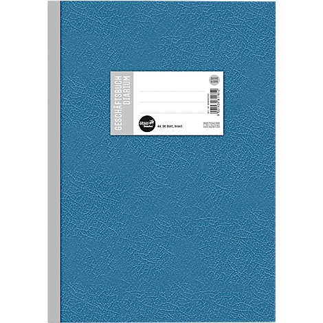 Cahier de notes bleu avec une étiquette blanche. Inscription : Cahier de notes, journal. En bas : A4, 80 feuilles, ligné.