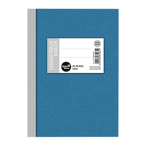 Carnet bleu avec une étiquette blanche, inscription GESCHÄFTSBUCH DIARIUM. Logo noir, 96 feuilles. Bord gris.