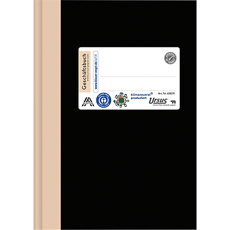 Cahier noir avec autocollants, "Geschäftsbuch" et logos. Un sceau en haut à droite, produit de manière neutre pour le climat.