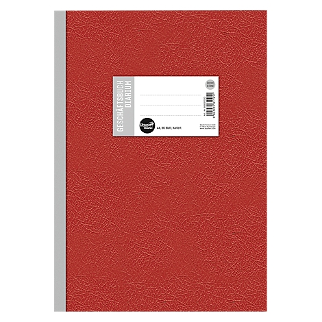 Cahier rouge avec étiquette blanche, inscription Geschäftsbuch, Diarium. Dos gris.